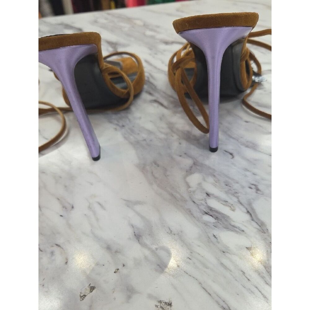 Saint Laurent Tan Suede Lace-Up Sandal with Lilac Block Heel - Picture 5 of 9